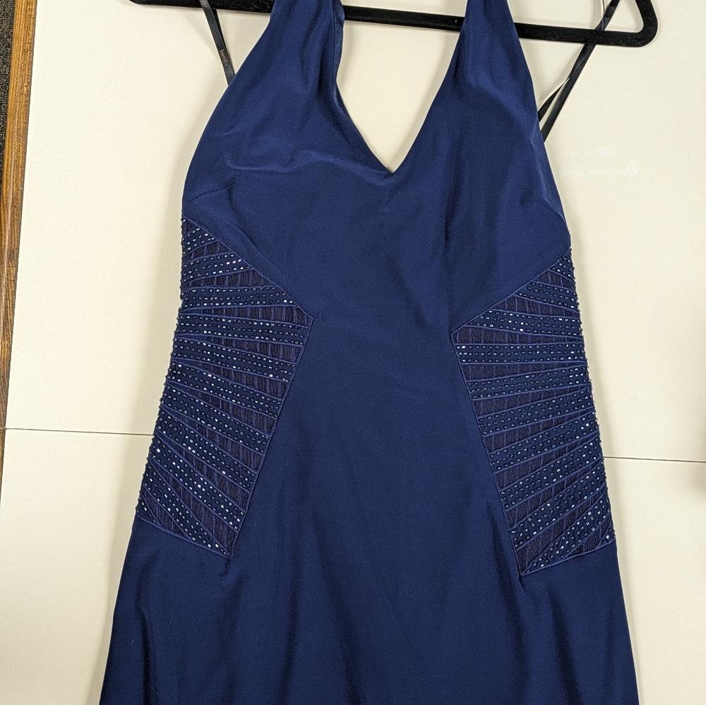 Laundry by Shelli Segal midnight blue embellished halter gown, women's sz 6